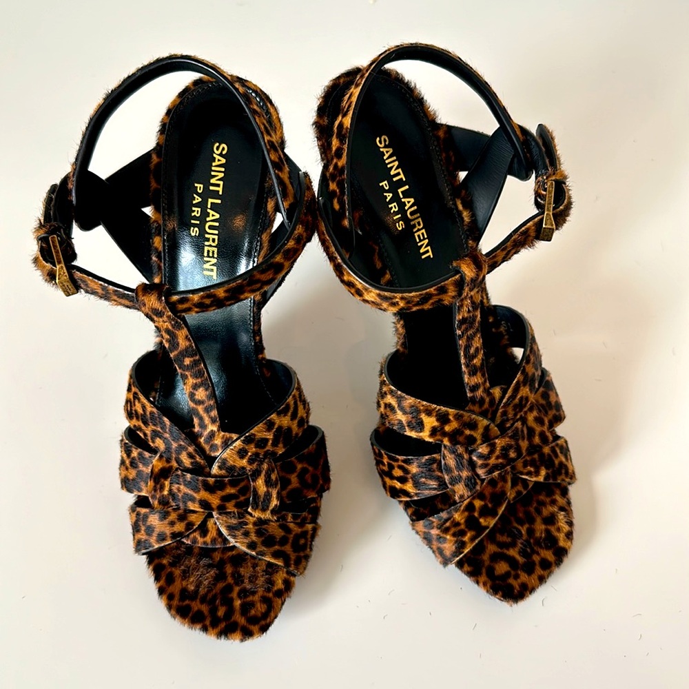 Saint Laurent Tribute Leopard Print Genuine Calf Hair Sandal